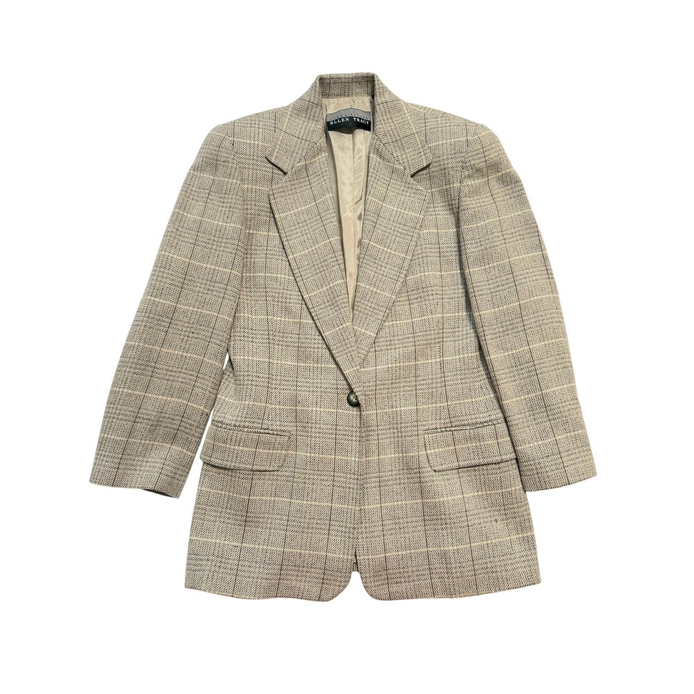 Vintage Linda Allard Ellen Tracy Blazer 8 Tan Wool Silk Cashmere Plaid Jacket